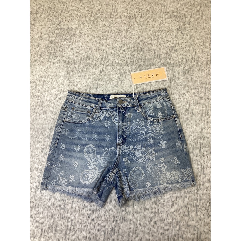 Risen Jeans Paisley High Rise Denim Shorts Medium Wash Raw Hem RDS6602 Size S.